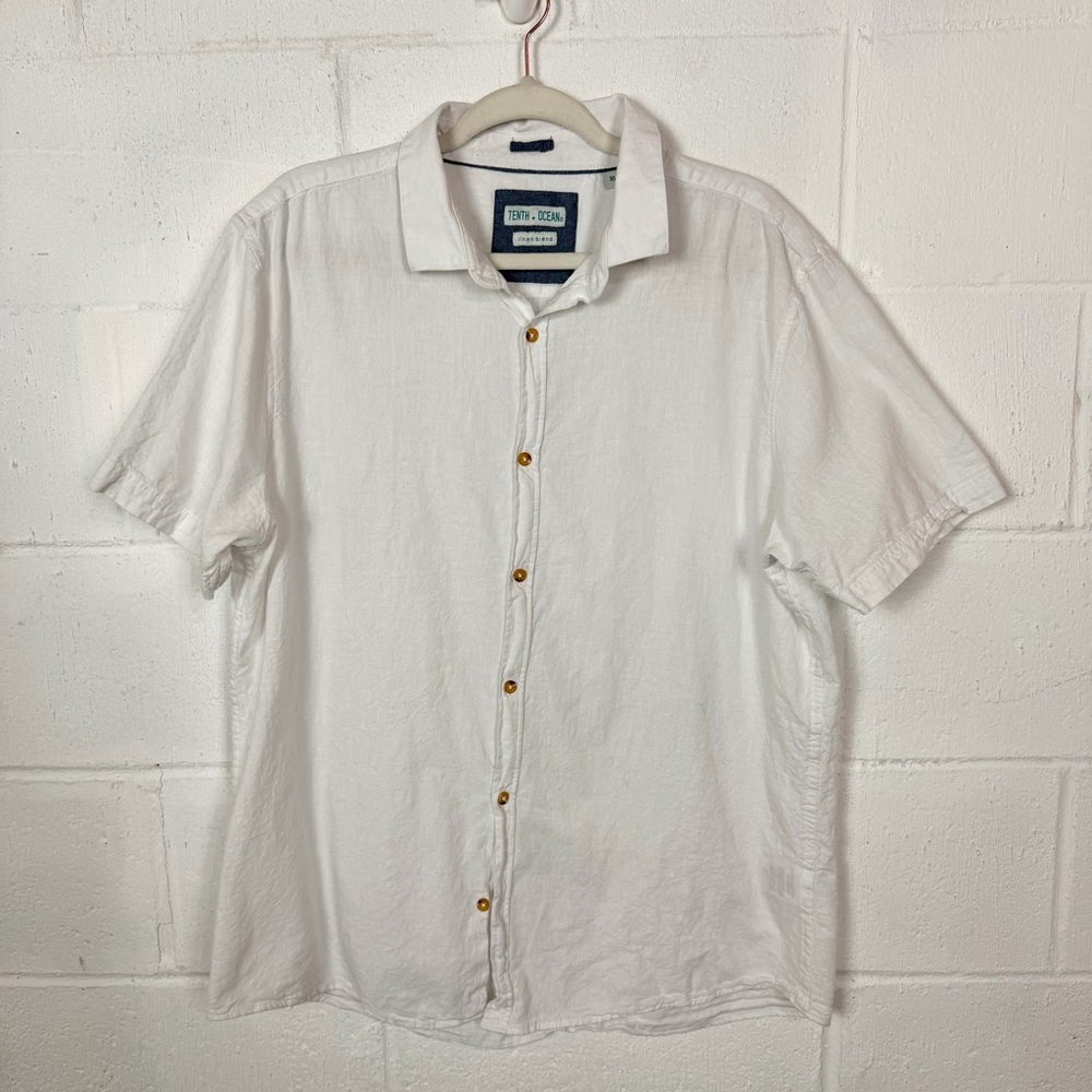 Tenth & Ocean Men's Linen Blend Button Up Shirt Collar White‎ Preppy Coastal XL